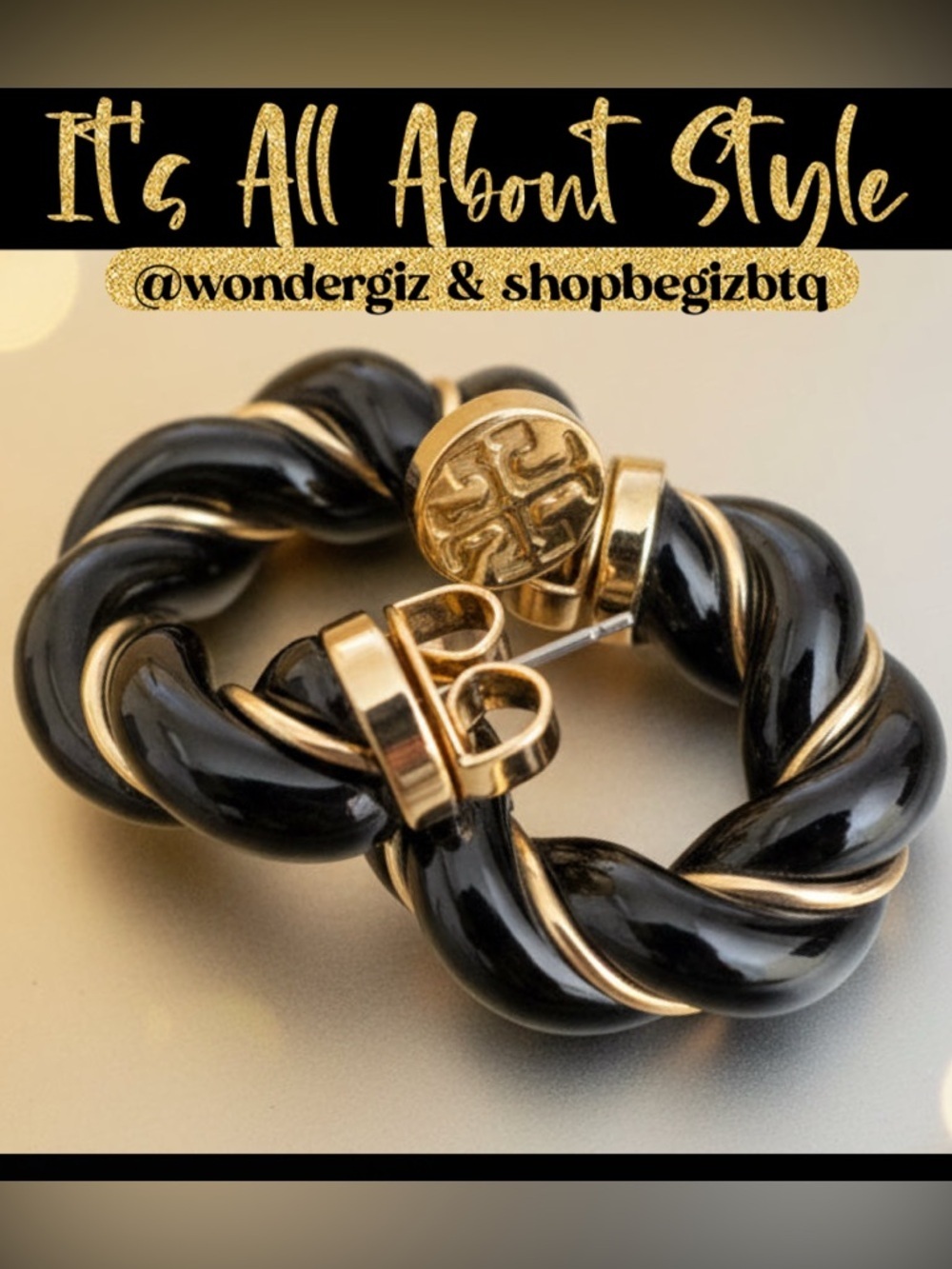Authentic Tory Burch Black and Gold Textured Rope Hoop Earrings NWT - Picture 6 of 14